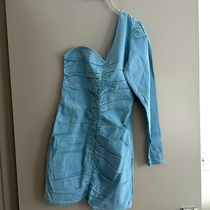 Ruched front, one shoulder denim dress